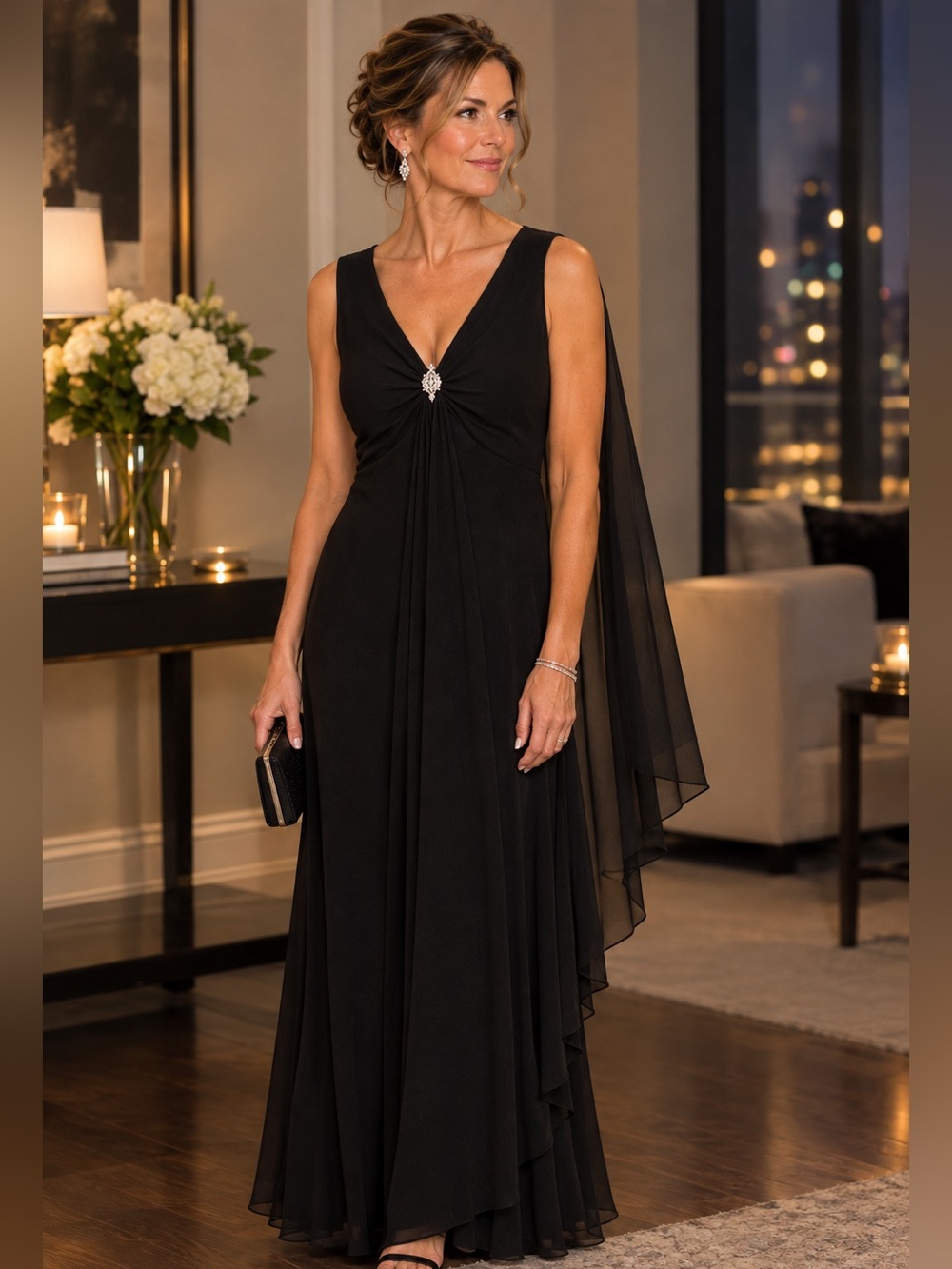 Laura Black Long Sleeveless Maxi Dress with Sheer cape Overlay on back size 10